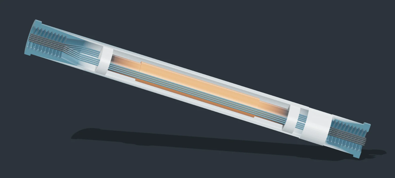 Enlarged CAD cutaway of the HIRT sensor module, showing its housing and internal sensing components.