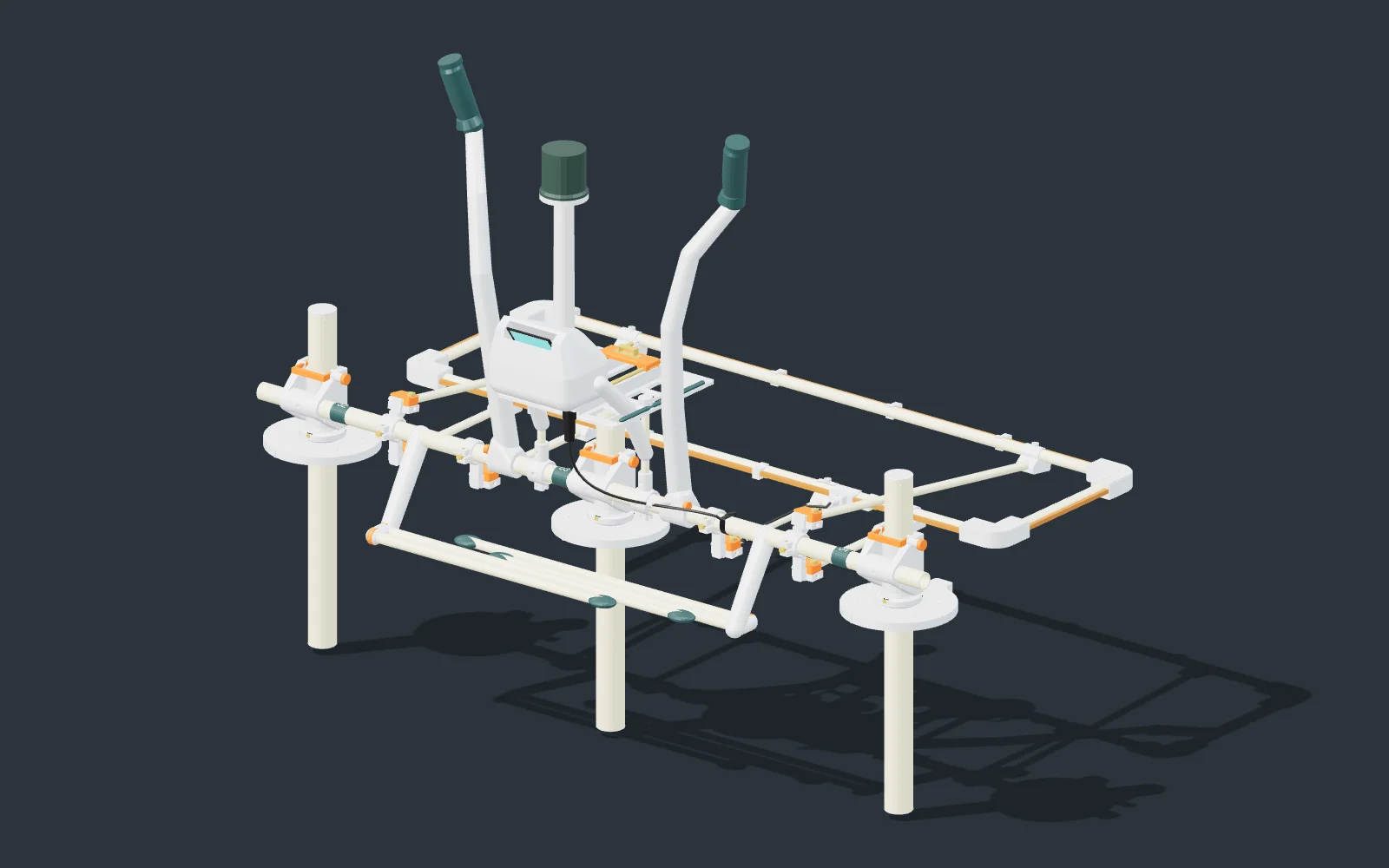 CAD render of the complete Pathfinder handheld assembly, showing its frame, controls, and three sensor stations.